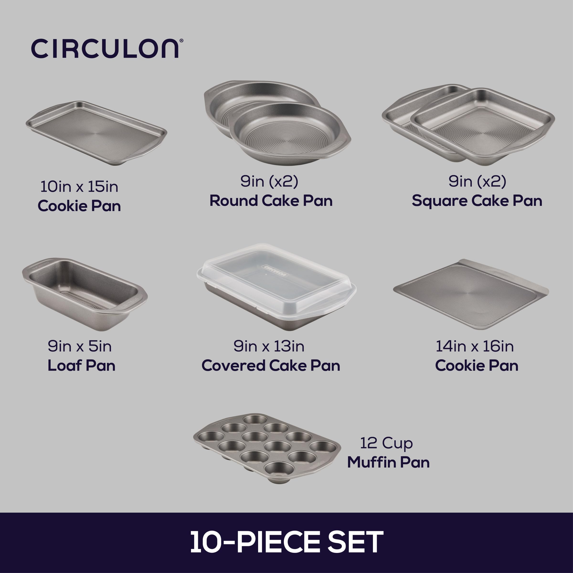 Circulon Total Antihaft-Backformen-Set mit Antihaft-Brotform, Keksblech, Backform, Backblech, Kuchenform und Muffin-/Cupcake-Form, 10-teilig, Grau