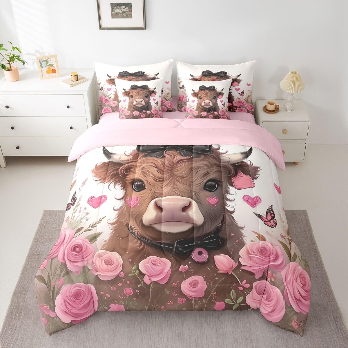 jejeloiu Highland Cow Comforter Set with Sheets 7 Piece Full Size Highland Cattle Bed in a Bag Kids Boys Girls Romantic Rose Bedding Set Bedroom Decor Breathable Soft Lightweight Microfiber