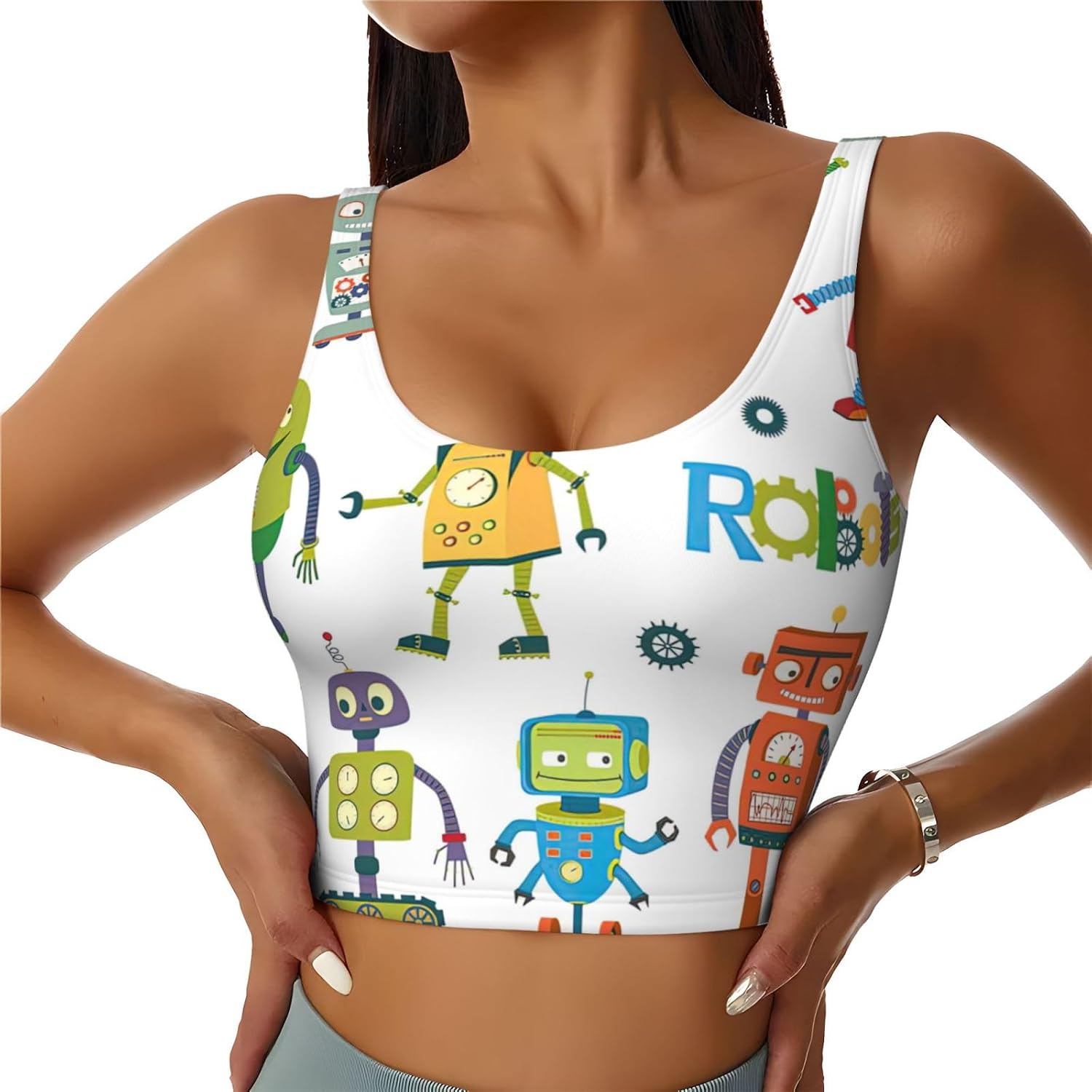 Cute Cartoon Robots Print Women's Strappy Sports Bra, Stretch Gym Bras U Neck Yoga Tops, Comfort Seamless Bra