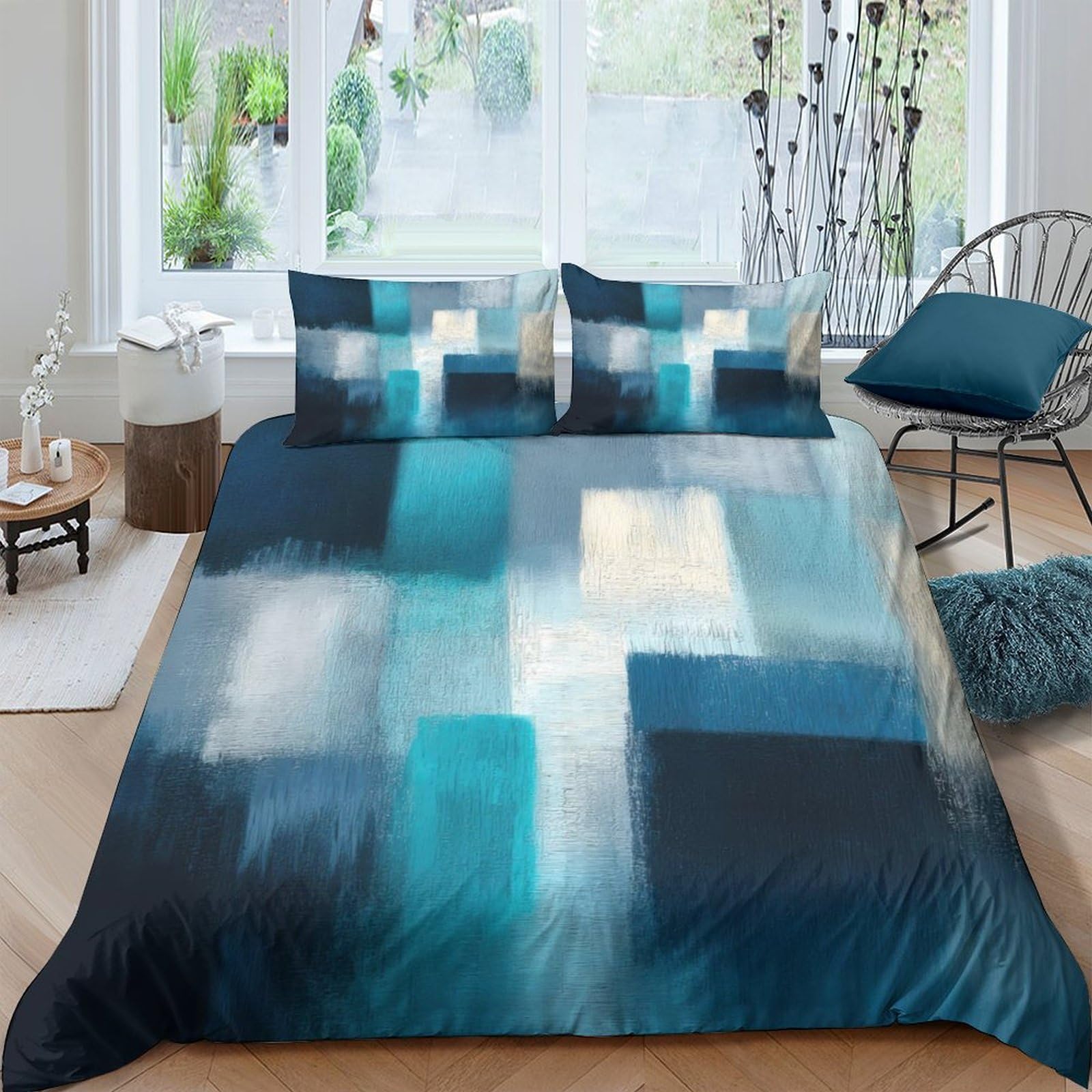 Ctjqhvkz Style-7 3D Printed Abstract Teal Blue Fitted Sheet Microfiber Soft Modern Geometric Bed Cover For Bedroom Guest Room Easy Care Single（135X200cm）