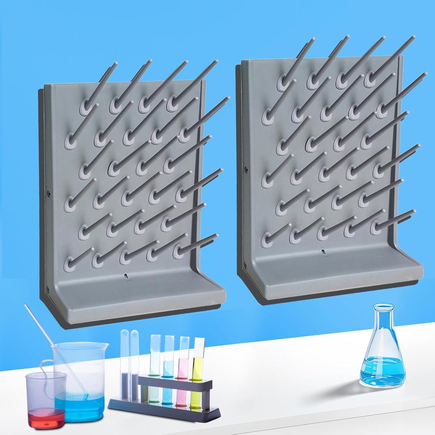 JUOPTGJ Lab Bottle Drying Rack,Drying Rack for Lab Glassware and Bottles,2 Pcs 27 Pegs Laboratory Draining Dryer Stand with Tray Hole and Water Outlet Hose