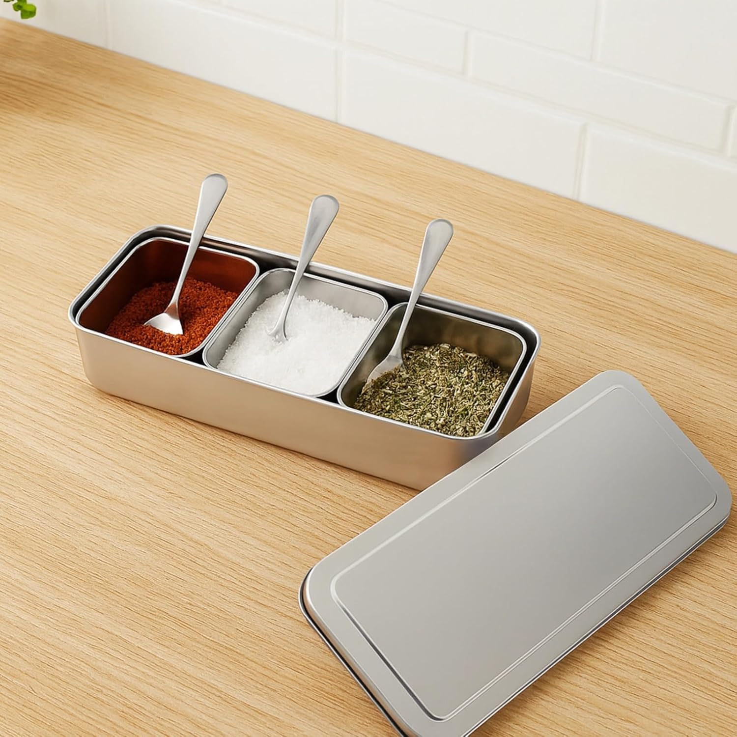 Stainless Steel Seasoning Container with Lid & Spoons, 3 Compartments, 13 X 5.9 X 2.8 in Spice Organizer, Condiment Display, Commercial Use