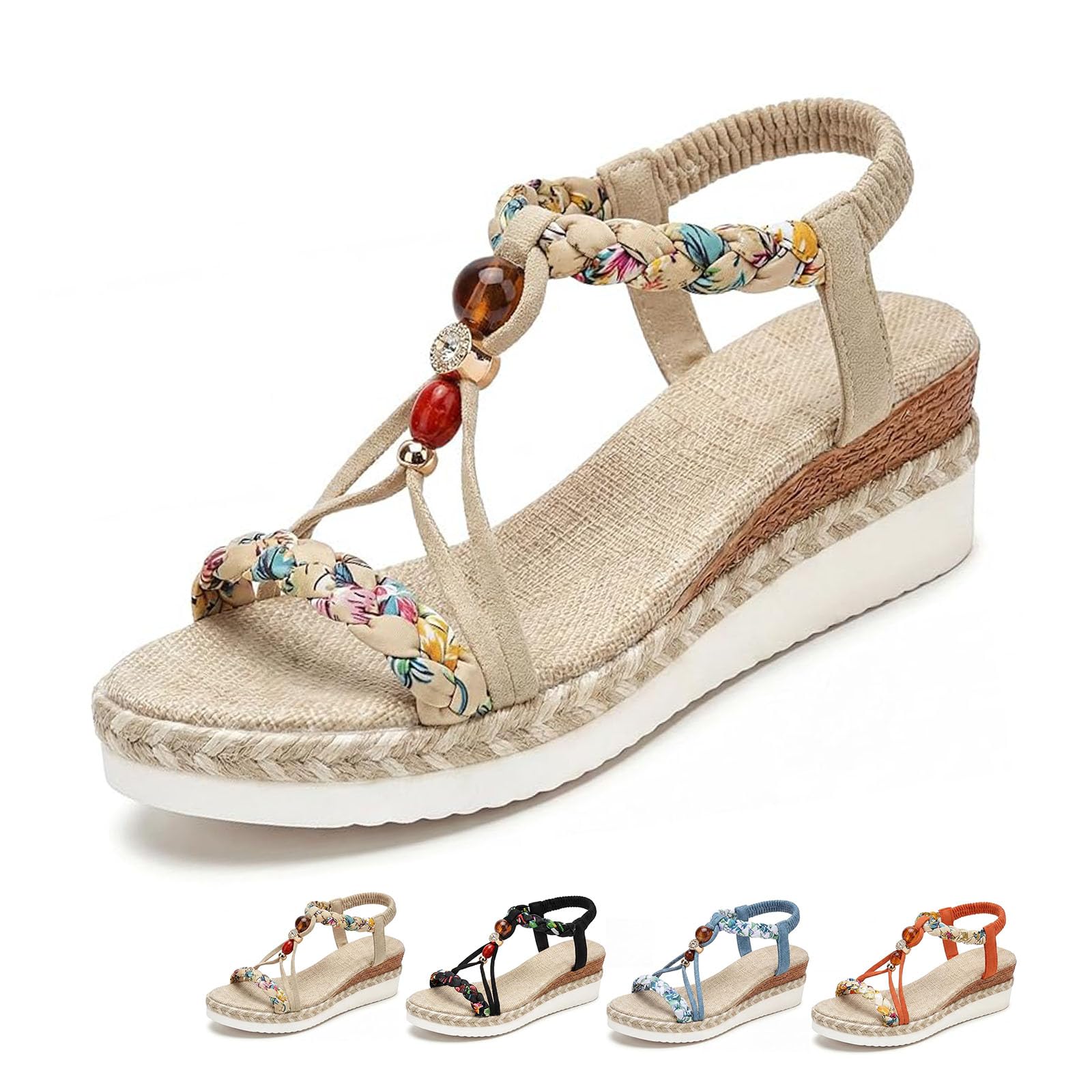 Sandali con zeppa bohémien da donna, sandali con zeppa aperta con strass, sandali estivi alla caviglia elastici in tessuto bohémien, comode scarpe da vacanza, Beige, 40 EU