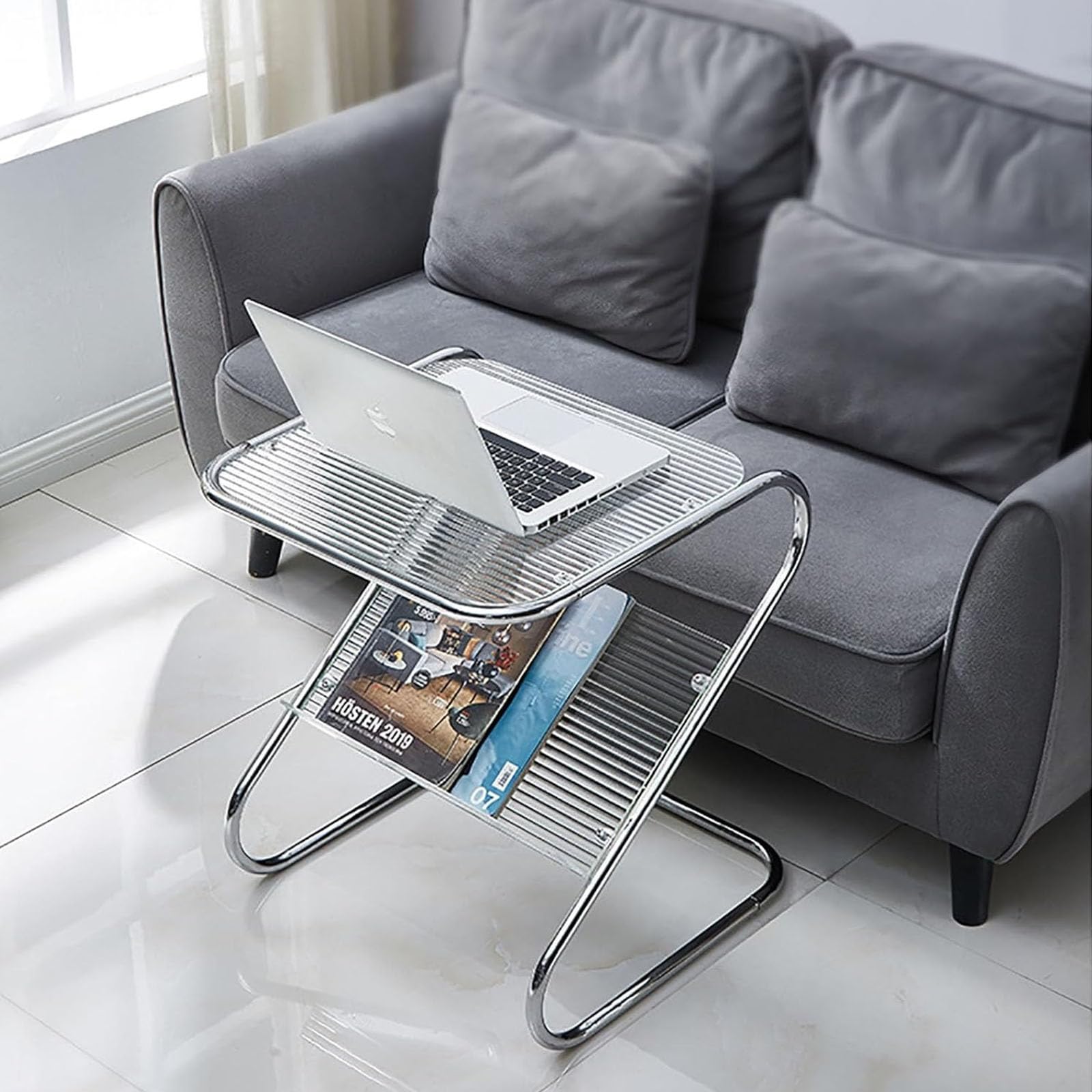 Amazon｜Z字型ソファサイドテーブル、強化ガラス+錬鉄フレーム、収納