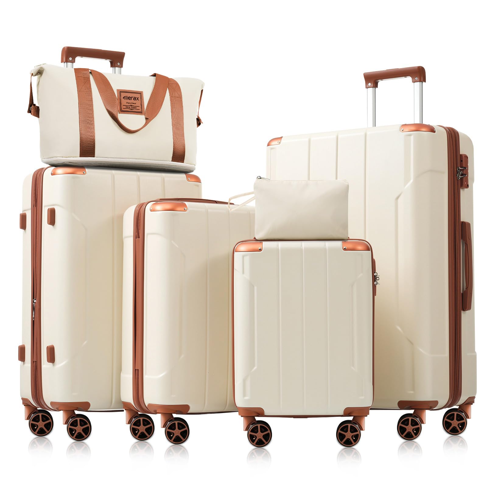 Luggage Set 6 Piece Expandable Lightweight ABS Hardshell Suitcases with Wheels, Corner Guards (White Brown, 6 piece set)