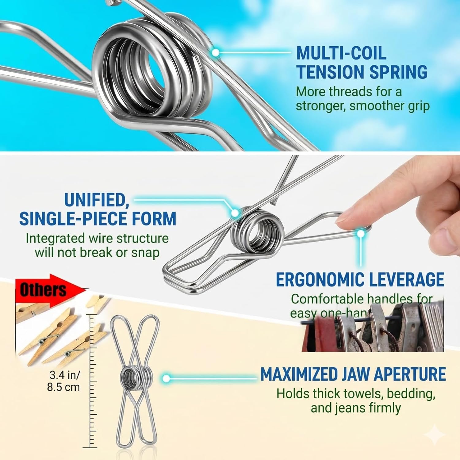 Large Heavy-Duty Metal Clothes Pins (20-Pack), 3.4" Stainless Steel Integrated Wire Clothespins, Rust-Proof Outdoor Laundry Clips for Hanging Clothes, Thick Blankets, Towels & Snack Bag Clips