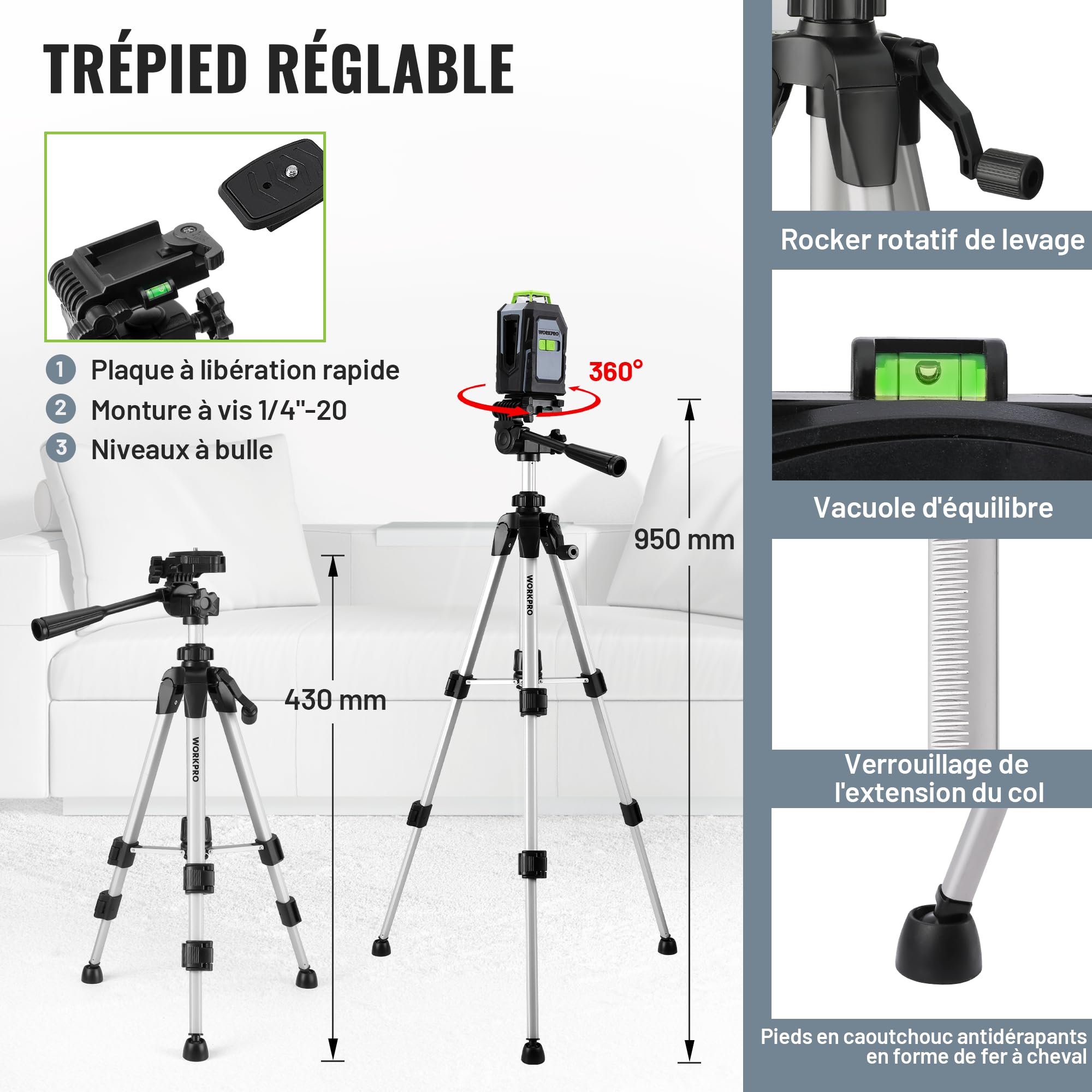 WORKPRO Niveau Laser 360° Autonivelant avec Trépied | Laser Chantier avec Horizontal et Vertical Laser, Plaque Cible, Lunettes Vertes, Idéal pour Décoration, Plafonds, Carrelage