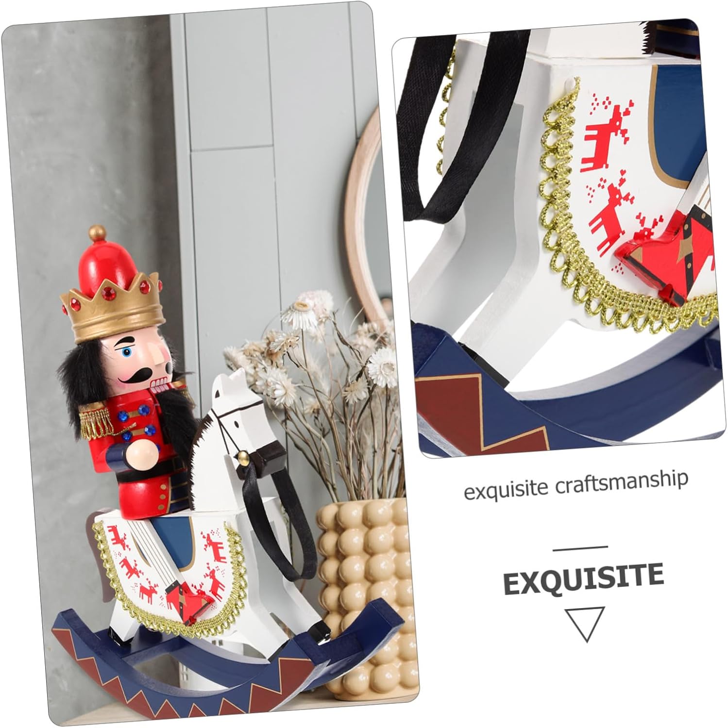 Wooden Nutcracker Soldier Horse Ornament Christmas Decorative Nutcracker Figure Xmas Tabletop Rustic Holiday Decor for Home and Shelves