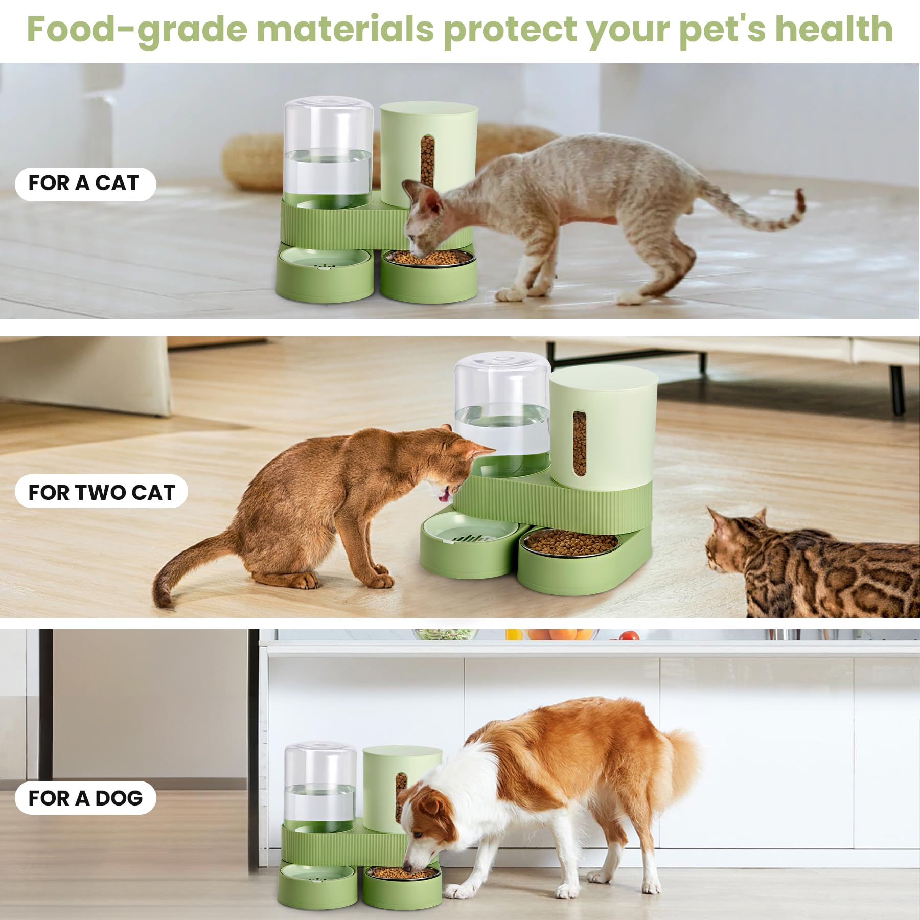 2 Pack Automatic Cat Feeder Stainless Steel Water Dispenser Gravity Food Feeder and Waterer Set with Pet Food Bowl for Small Medium Kitten Puppy Pets Large Capacity(Green) - image 6