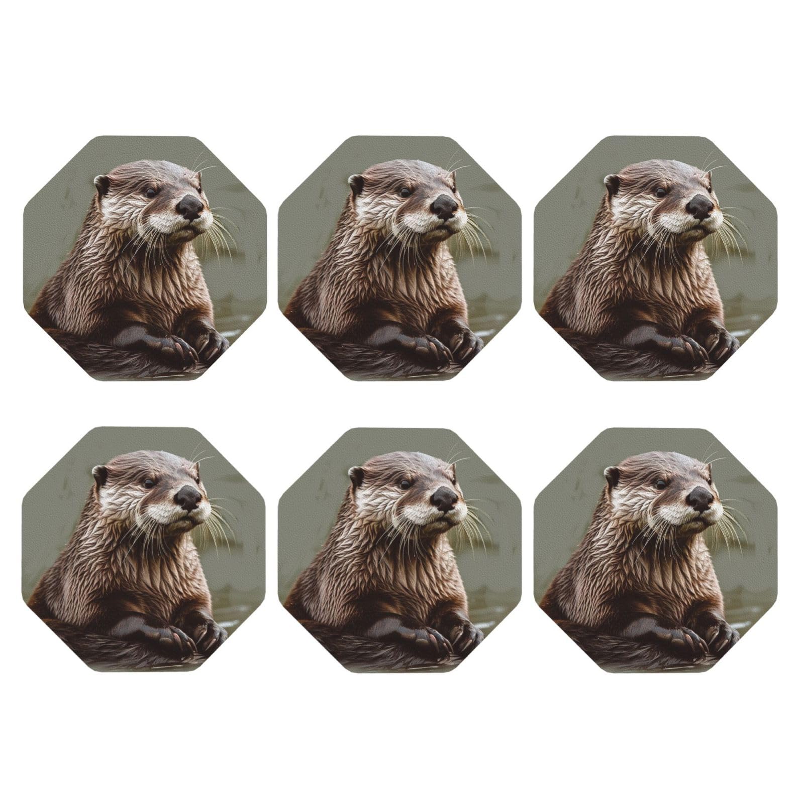 6pcs Leather Coasters for Drinks, Otter Animal Drink Coasters for Tabletop Protection, 4" Cup Coasters for Coffee Table Decor, Non-Slip Drinking Cup Mat for Hot Or Cold Drink