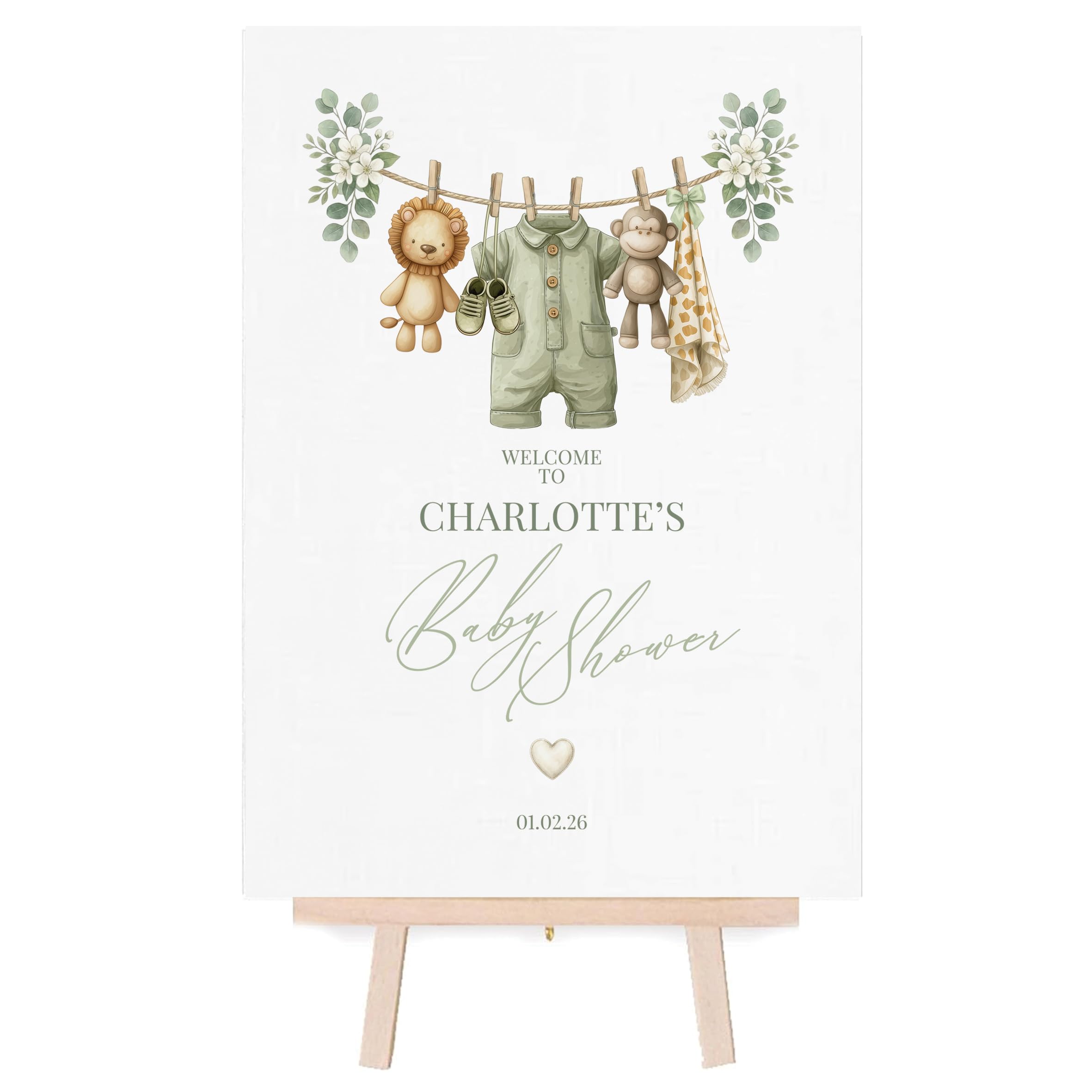 Personalised Baby Shower Welcome Sign/Poster - Boho Nursery Theme - (Green Safari, A3 Poster with Easel)