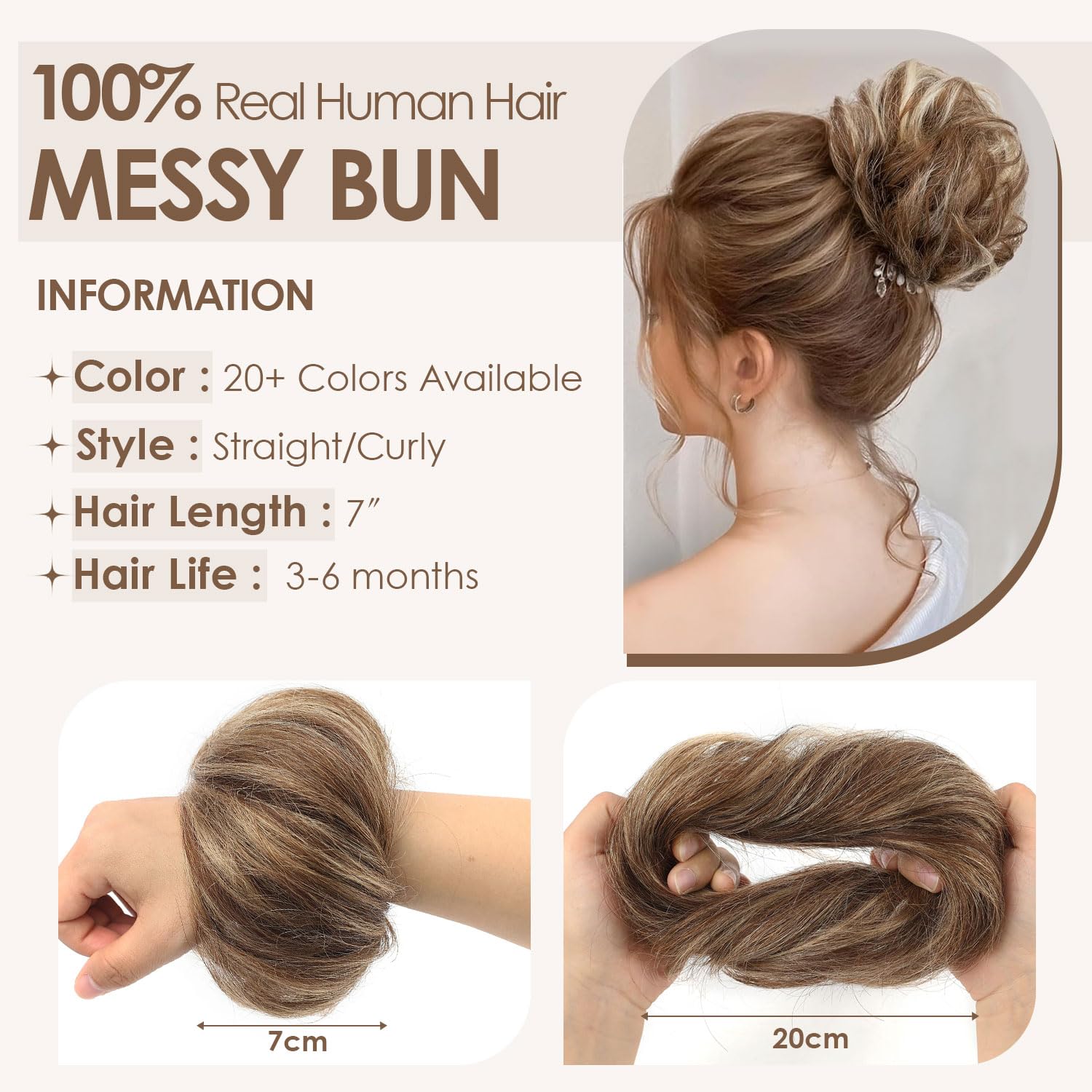 Human Hair Bun Medium Brown With Dark Blonde Natural Curly Tousled Stretchy Human Hair Bun Extension Chignons Scrunchies(2 Count #P4-27 Medium Brown With Dark Blonde