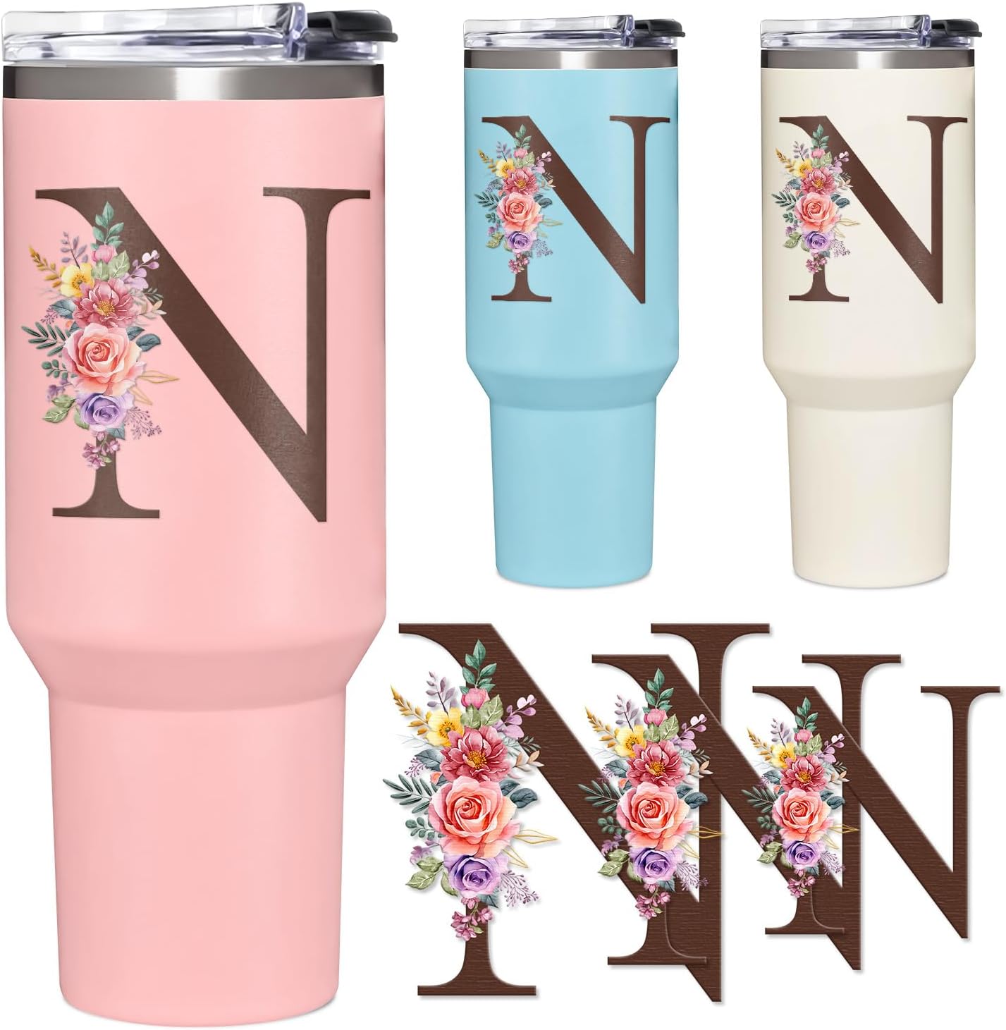 Initial N Monogram Floral Stickers Set of 3 – Cute Waterproof Alphabet Letter N Vinyl Decals for Water Bottles, Laptops, Journals – Aesthetic Gifts for Women, Teens, Nids