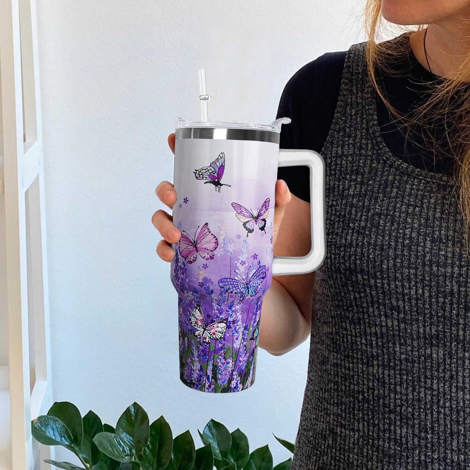 Ceovfoi 40 Oz Butterfly Tumbler With Handle, Purple Lavender Coffee Travel Mug Cup, Water Bottle, Butterfly Decor, Gifts for Women