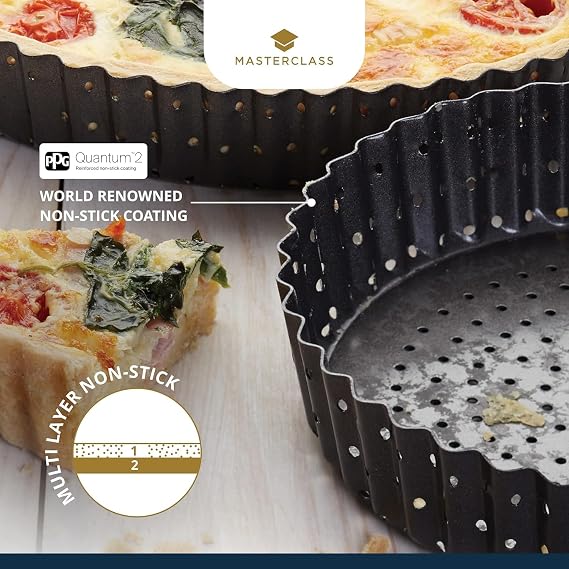 MasterClass KCMCCB39 Crusty Bake 20 cm Perforated Quiche Tin with PFOA Non Stick and Loose Bottom, Fluted, Robust 1 mm Carbon Steel, Grey