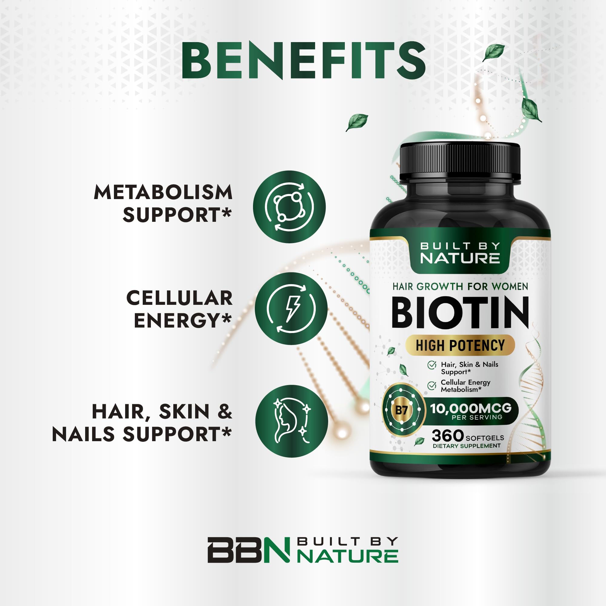 Built by Nature Biotin 10,000 mcg – Biotin for Hair Growth Women – High Potency Vitamin B7 Supplement – Vitamins for Hair, Skin & Nails – 360 Softgels