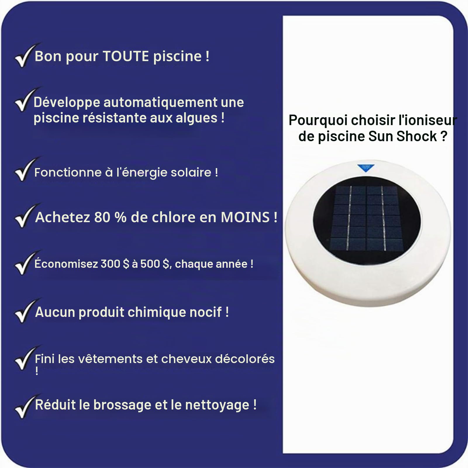 Ioniseur solaire de piscine - Nettoyeur flottant pour piscines jusqu'à 22 000 gallons - Ions de cuivre - Nettoyeur d'eau de sécurité