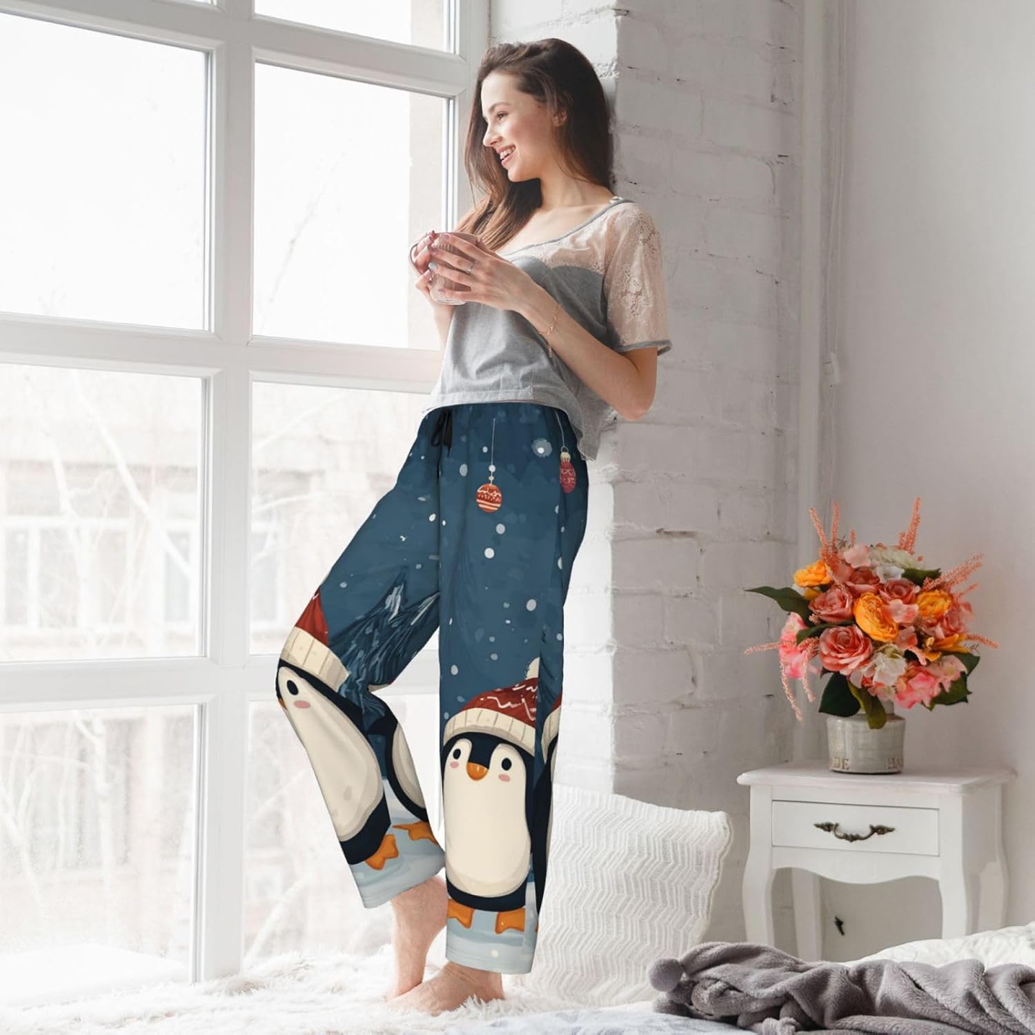 Womans Pajama Pants Soft Comfy Pajama Bottom with Pockets Merry Christmas Penguins Sleep Pant Womans Lounge Pant