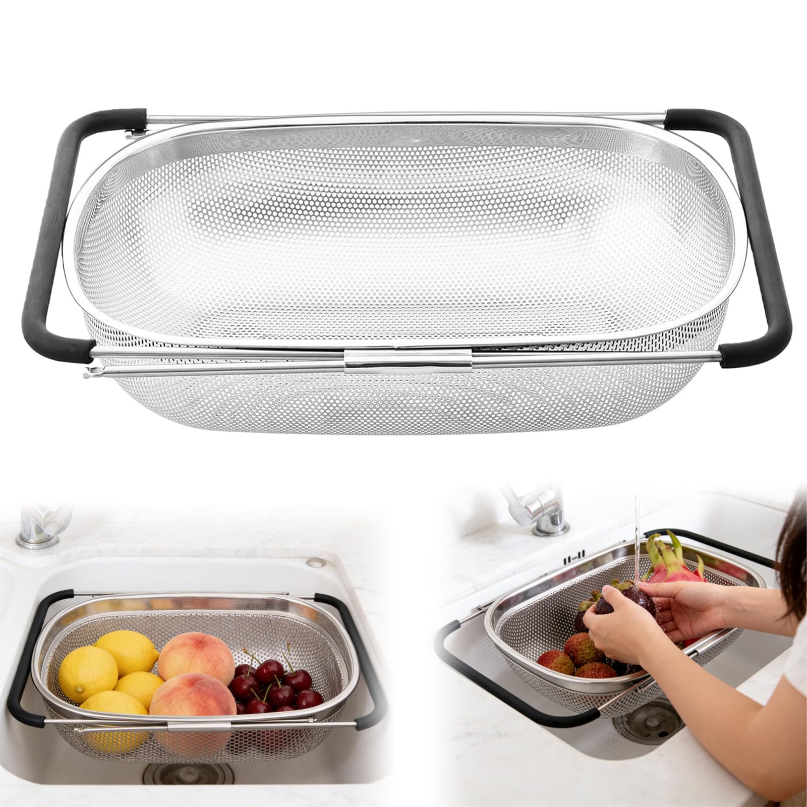 Küchensieb ausziehbar 27.5x19x7cm (27–41.5cm) Waschbecken Sieb aus Edelstahl mit Feinsiebkor & GummigriffAusziehbar Rostfreier Spülbecken Sieb für Spüle zum Abseihen Abtropfen Waschen von Obst Gemüse