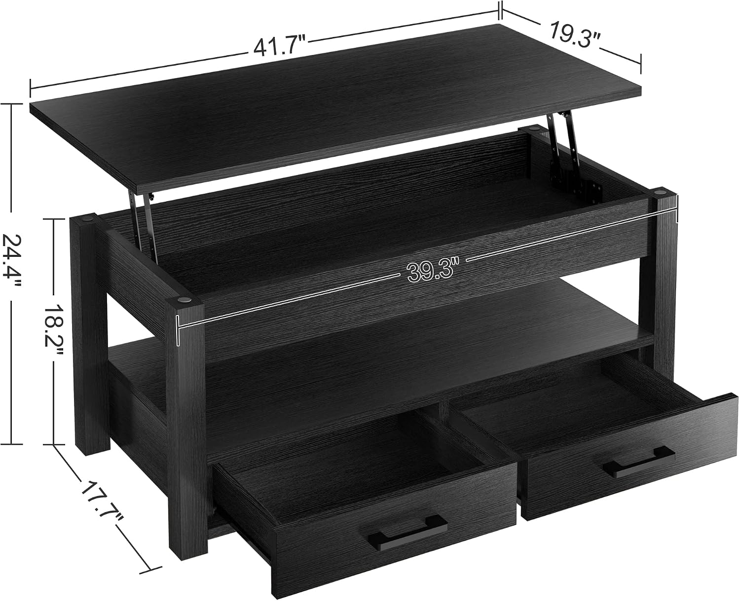 FABATO 41.7'' Lift Top Coffee Table with 2 Storage Drawer Hidden Compartment Open Storage Shelf for Living Room Folding Wood End Table (Black)
