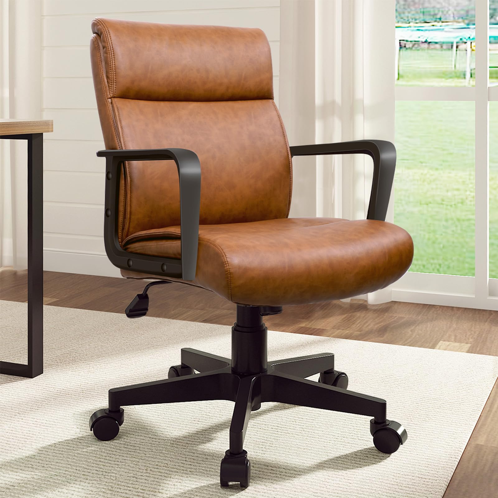 Artswish Leather Office Chair Brown Desk Chair Mid Back Leather Desk Chair Mid Century Office Chair for Home Office
