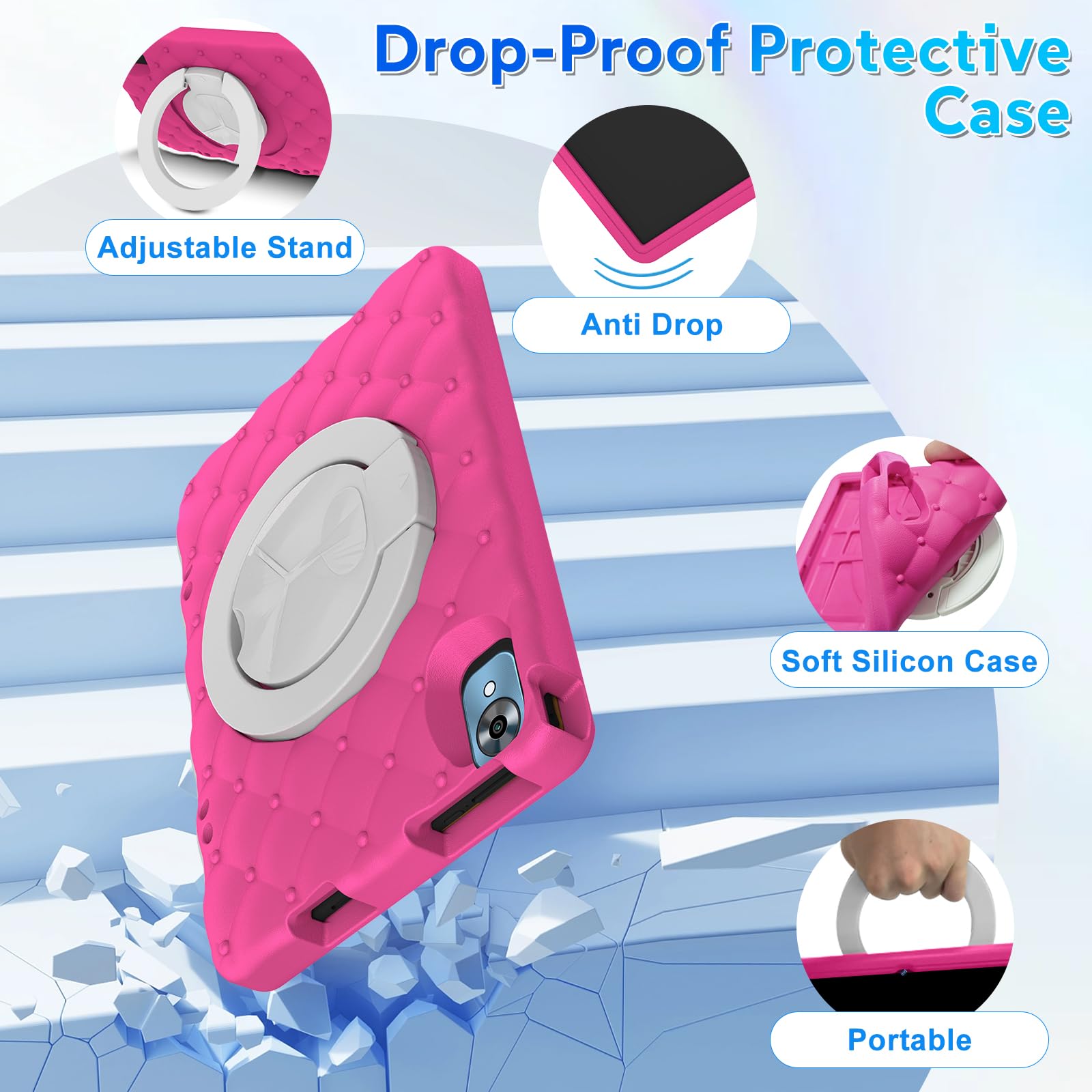 DMOAO Tablette Enfants 10 Pouces Android 15 avec 30Go RAM (TF 2To), 5G WI-FI 6, Widevine L1, Contrôle Parental, 8-Core, Tablette Tactile avec Coque Antichoc EVA + Support Rotatif à 360°,Rose Rouge