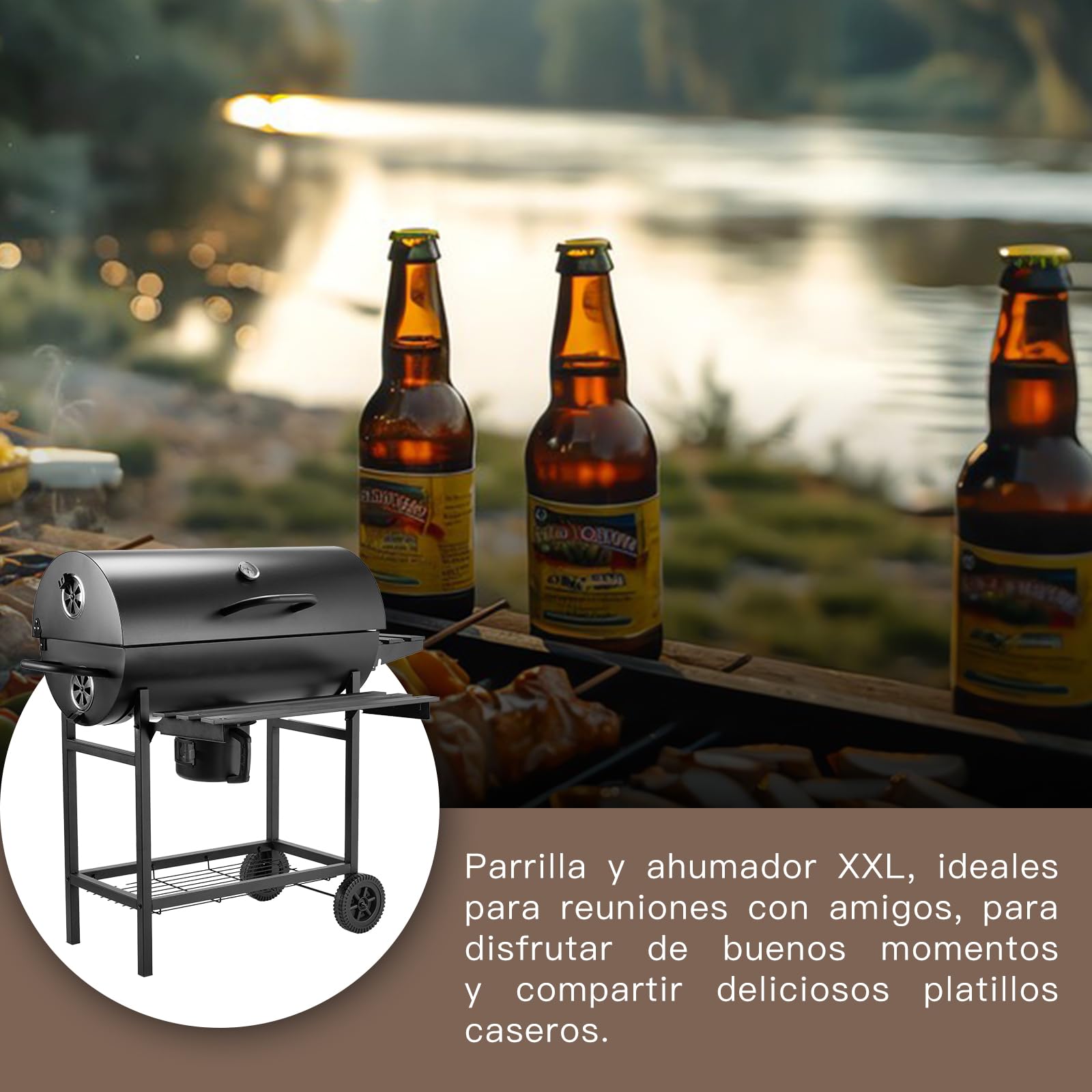 TEENO Barbacoa de carbón, Parrilla Barbacoa con Rejilla de Cocción XXL, Guantes Antigrietas, Termómetro, Cajón de Cenizas, Ventilación Regulable, Gran barbacoa de Carbón de Madera (Basic)
