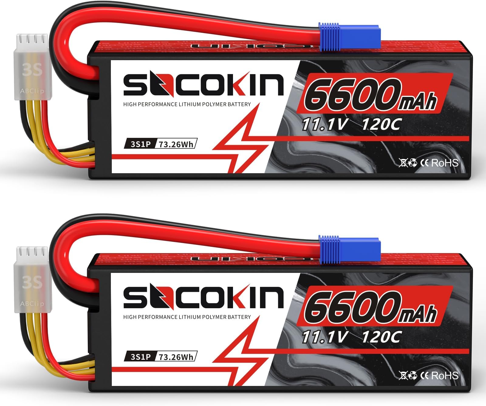 SOCOKIN 3S Lipo Battery 6600mAh 11.1V 120C with EC5 Connector Hard Case for RC Car Truck Boat Helicopter Airplane RC Model (2 Pack)
