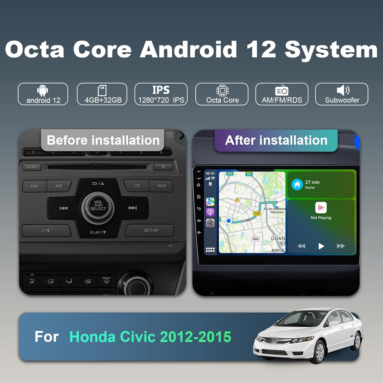 4+32G 8 Core Car Radio Stereo for Honda Civic 2012 2013 2014 2015 with Wireless CarPlay/Android Auto, 9'' HD Touchscreen Android Car Stereo with AM/FM/RDS Backup Camera Bluetooth WiFi GPS SWC