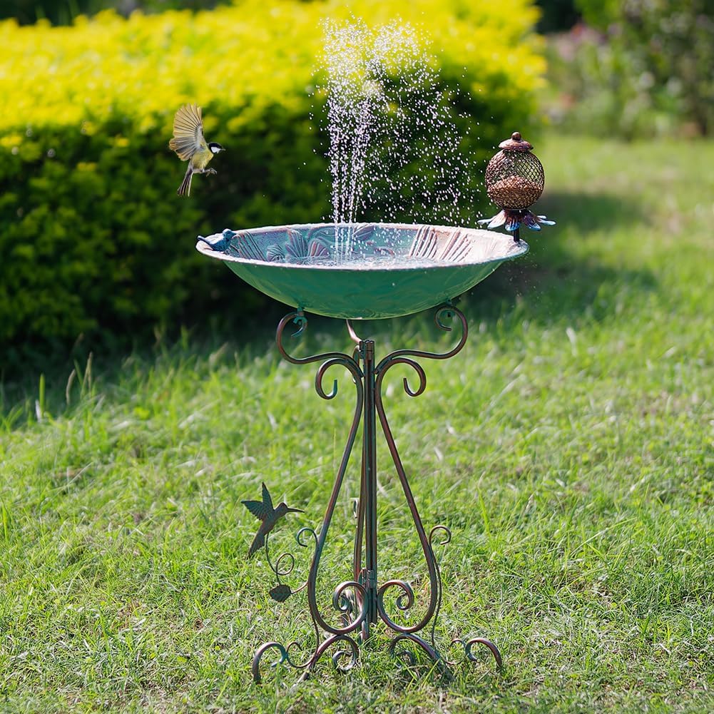 VEWOGARDEN Large Metal Standing Bird Bath and Feeder Combo with Folding Bracket for Outside Garden Yard Patio Decoration, Green