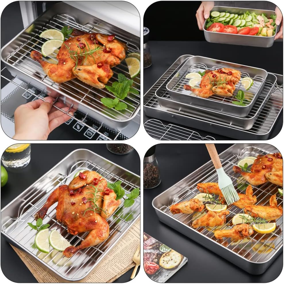 ステンレス鋼の容器パン耐熱皿シートベーキングパン、焼成可能なノンスティック冷却ラックセット付き、ノンスティック餃子トレイ（24cm）