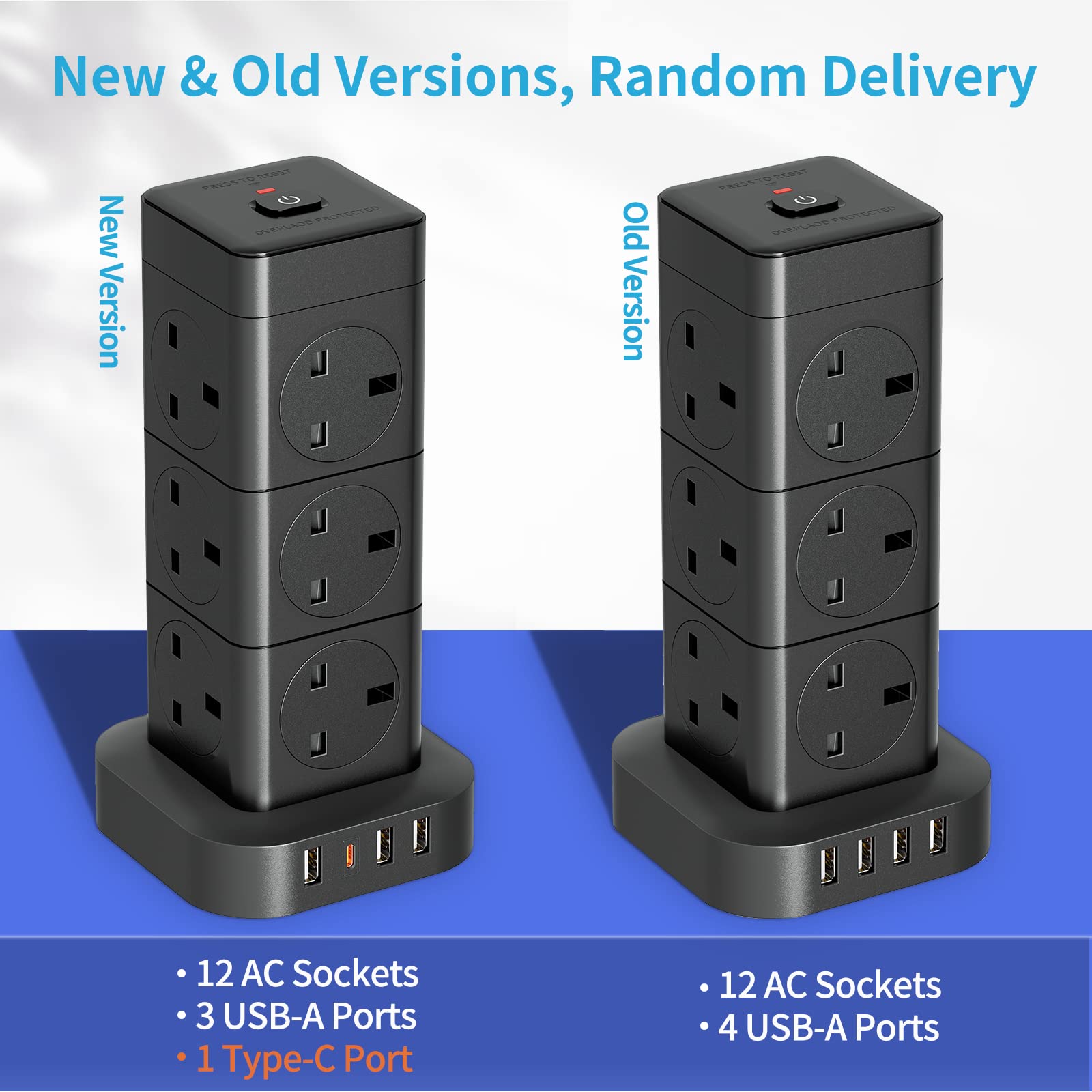 Hulker Tower Extension Lead with USB 12 Way 4 USB (1 Type C and 3 USB