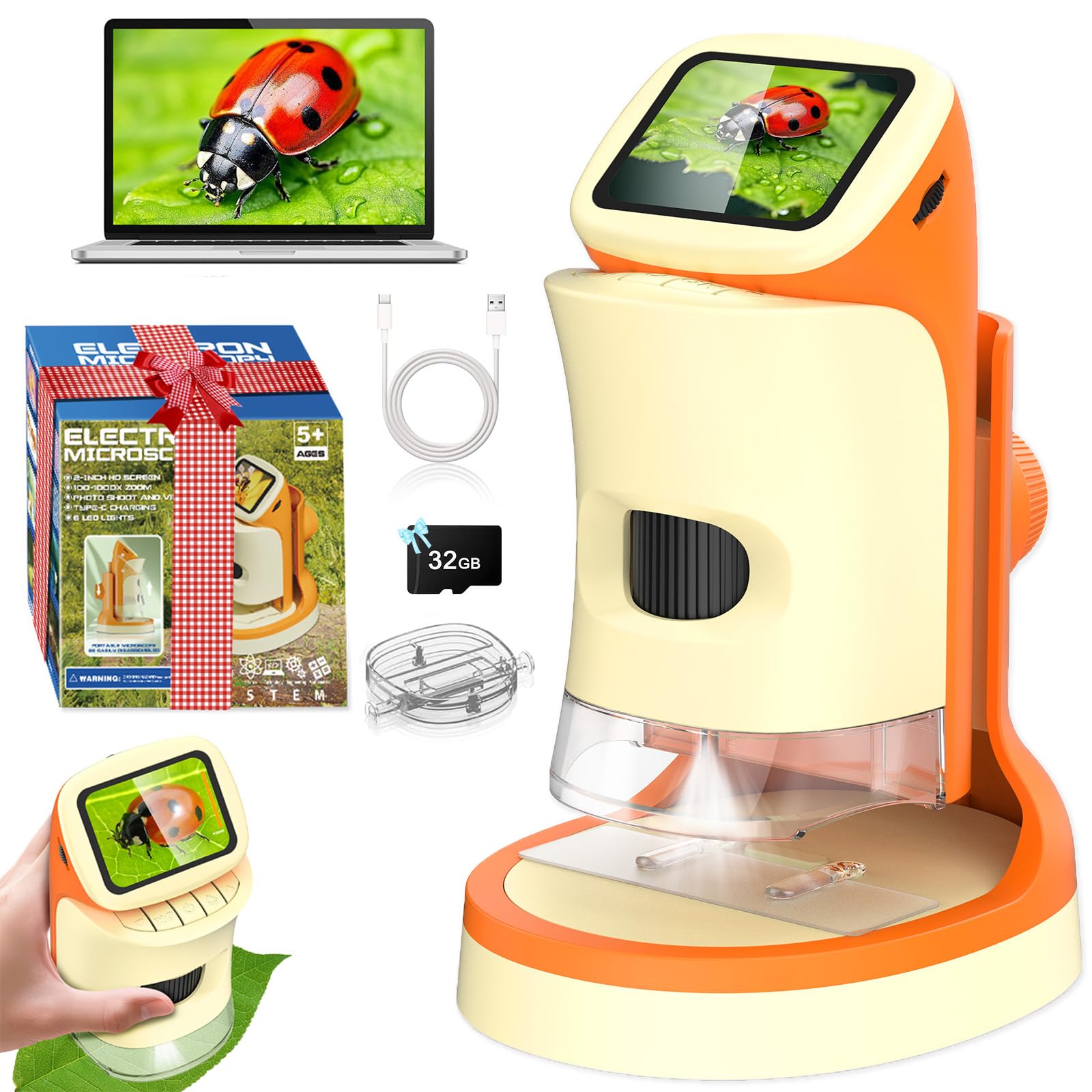 Microscopio para niños 2 en 1 de bolsillo portátil 1000X 2.0 pulgadas pantalla HD Microscopios digitales de mano con 10 diapositivas, foto/video, 6 LED ajustables, kit de ciencia Edu regalo para niños