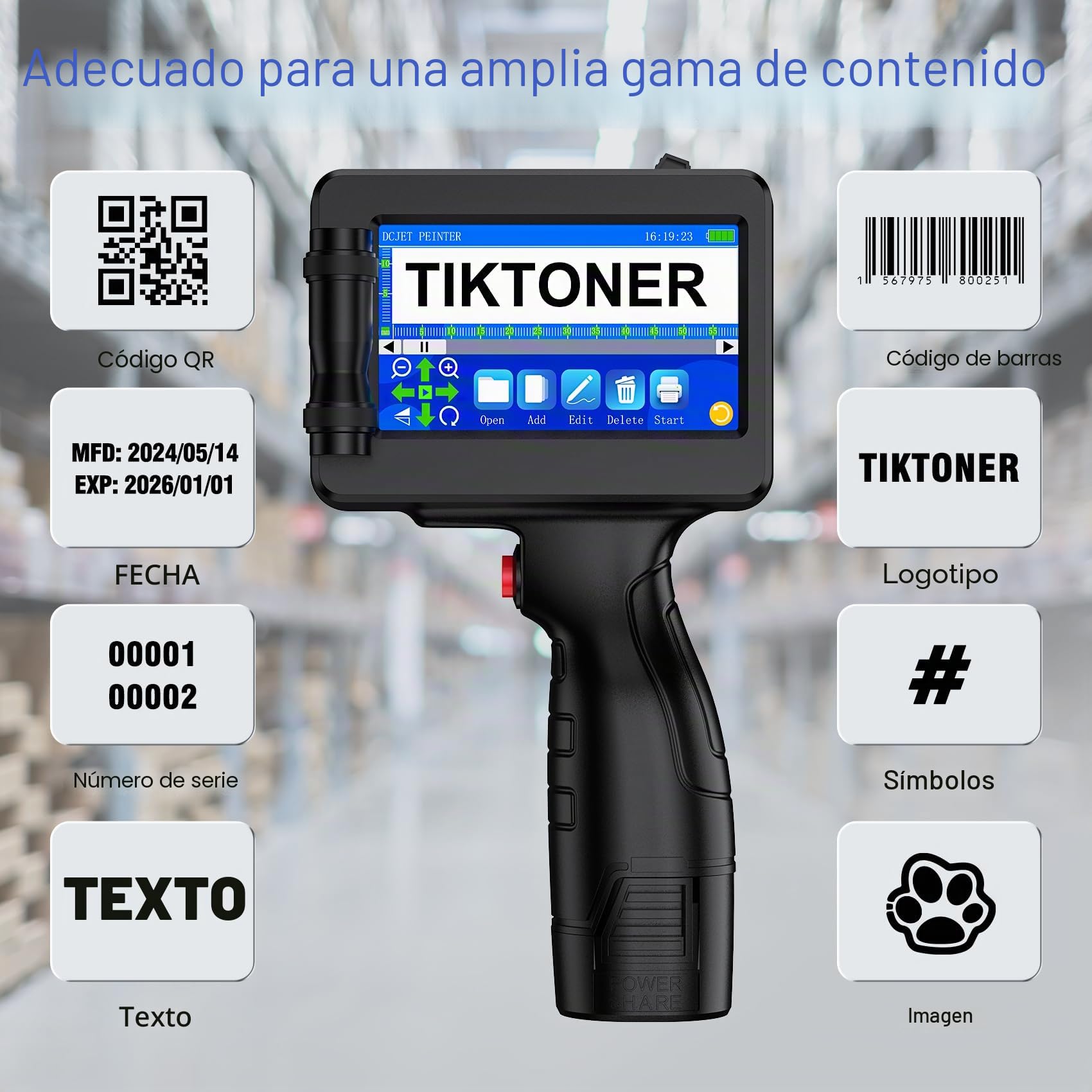 TIJ314 Impresora de Mano Portátil, Impresora Portátil de Inyección con 42ML Cartucho de Tinta de Secado Rápido con Pantalla Táctil de 4,3 Pulgadas para Texto QRCode/Código de barras/Número/Imagen