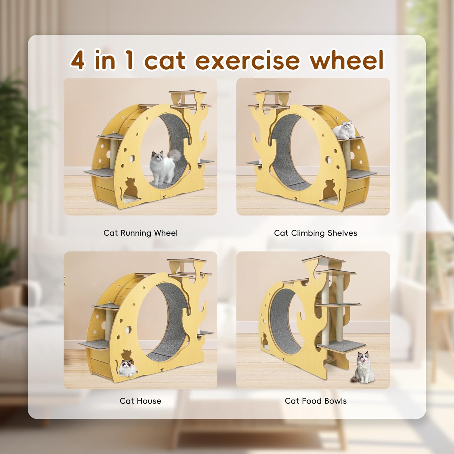 Cat Exercise Wheel 37 Inch Cat Wheels for Indoor 4 in 1 Cats Tree Tower Carpet Suitable with Silent Running Wheel, Perfect Cats Furniture & Toy for Endless Fun & Fitness