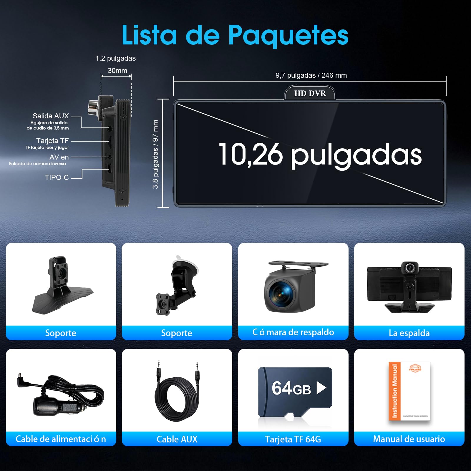 Haudio Pantalla CarPlay 10.26 Pulgadas Inalámbrica para Apple CarPlay y Android Auto, Estéreo Portátil con 2K DVR & 1080P Trasera Cámaras, Control Voz, Radio AUX/FM y TF 64G para Todos los Coches