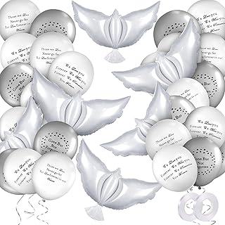 Sumind 62 Pcs Memorial Balloon Set with 50 Pcs White Silver Memorial Balloons 10 Pcs Dove 2 Rolls of Ribbon Funeral Remembrance for Release to Celebrate Life Condolence Anniversary Service