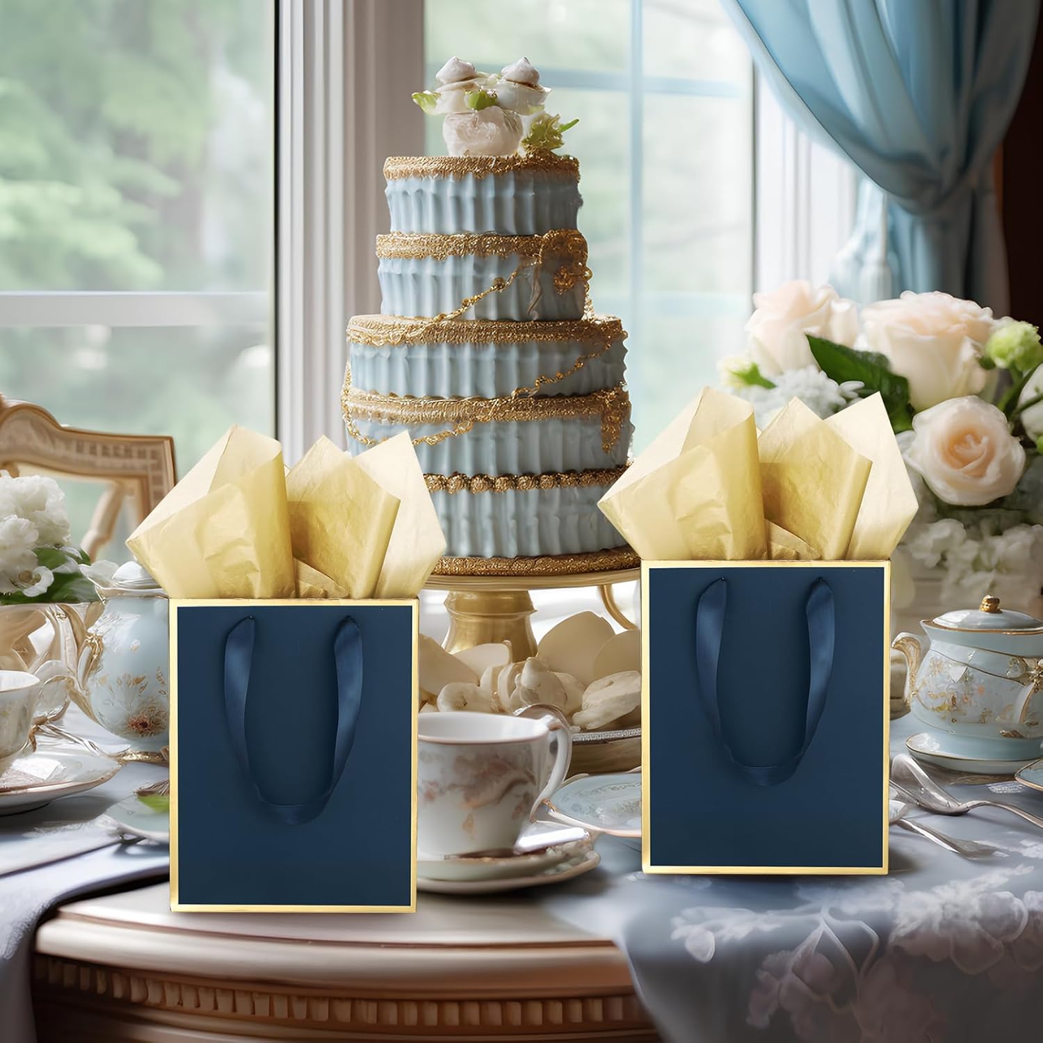 Yeaqee 24 Pack Metallic Paper Gift Bags with Handle and Tissue 9x7x3.1 Gold Foil Welcome Favor Bags Return Gifts for Wedding Fall 5 Senses Valentine Bridesmaid Birthday(Navy Blue, Gold) - Image 7