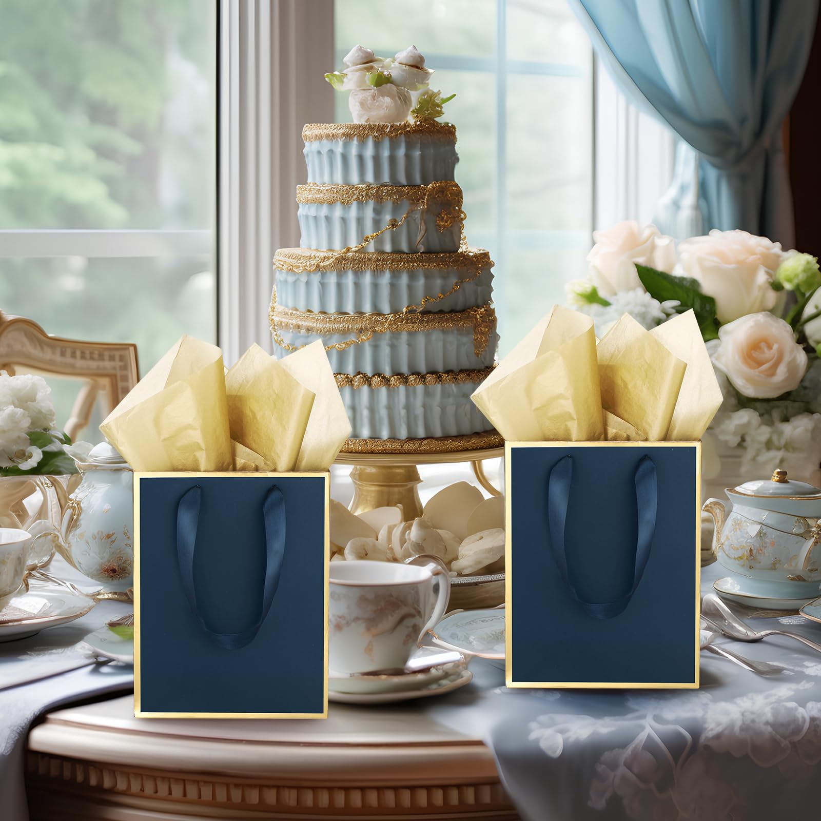 Yeaqee 24 Pack Metallic Paper Gift Bags with Handle and Tissue 9x7x3.1 Gold Foil Welcome Thank You Favor Bags Return Gifts for Wedding St. Patrick's 5 Senses Bridesmaid Birthday(Navy Blue, Gold)
