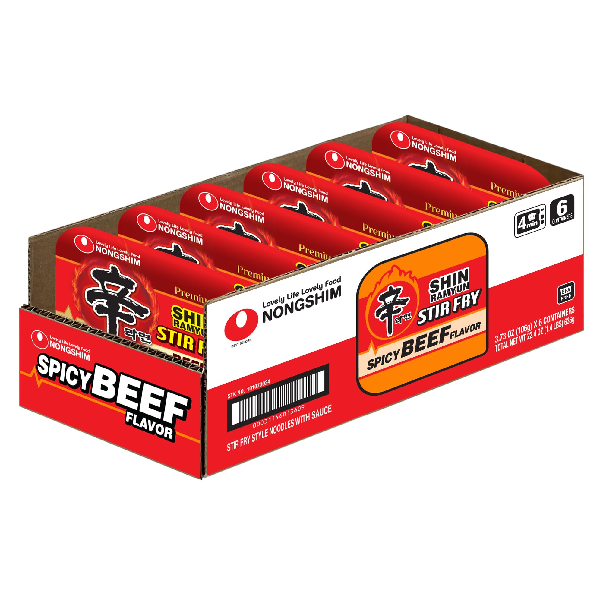 Nongshim Ramen Noodles, Gourmet Instant Ramen Bowl, Premium Microwavable Noodle, Stir-Fry Square, 3.73 Ounce (Pack of 6)