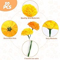 Vista 2 de DIYASY Flores de caléndula a granel, 50 piezas de caléndulas de seda artificial con tallos, cabezas de flores amarillas falsas para decoración