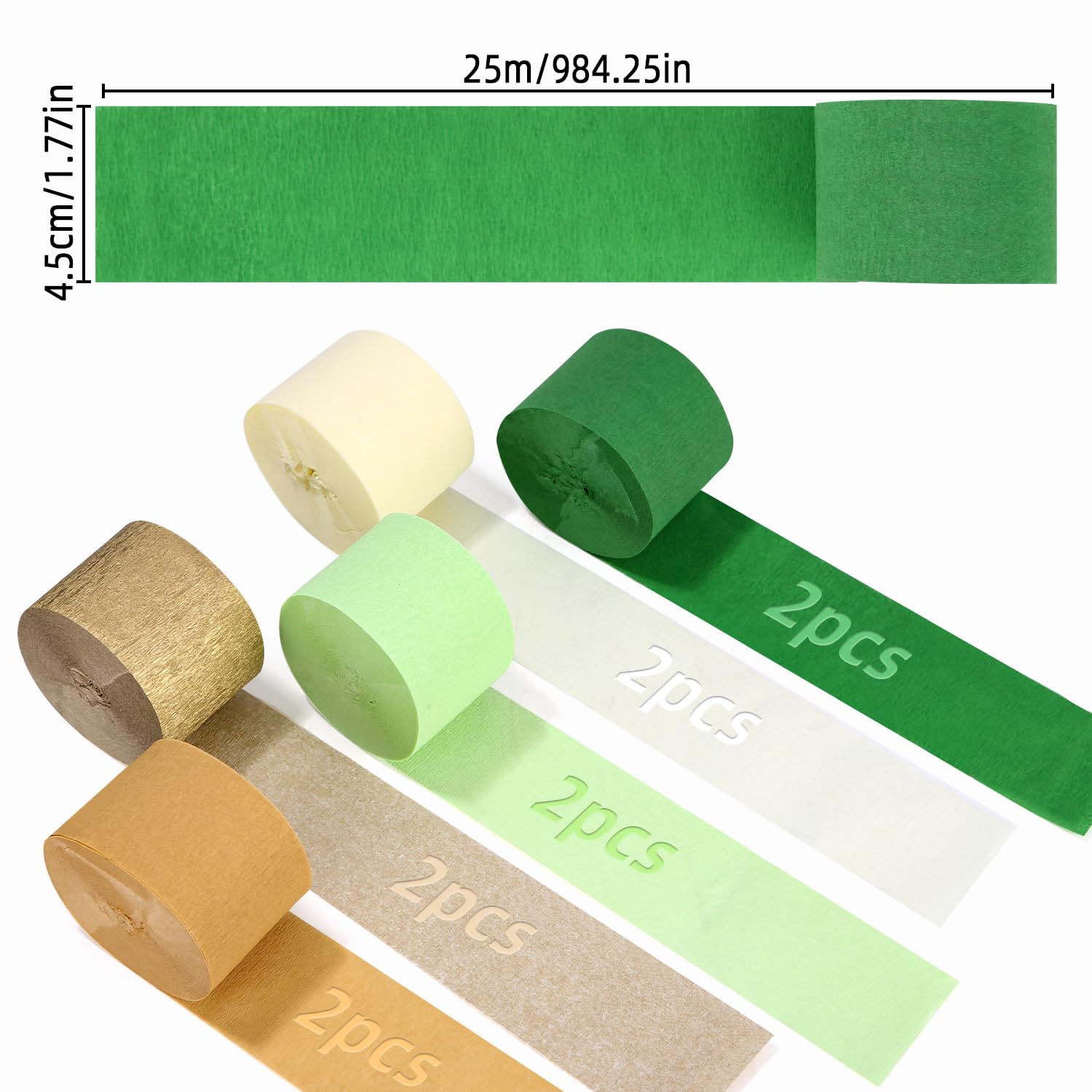 Lot De 5 Rouleaux De Papier Crépon Vert Marron - 4.6x25 M Chaque - Pour Décoration De Fête, Mariage, Anniversaire