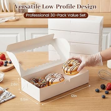 VGOODALL 30PCS Cookie Boxes,12x5.5x2.6Inches White Bakery Boxes with Window Cupcake Containers for Pastry Candy Cupcake Strawberry, Party Supplies