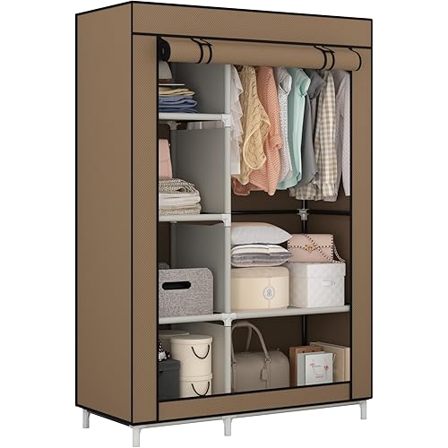 Calmootey Portable Closet Organizers, Clothing Storage, Wardrobe with 6 Shelves and Hanging Rod, Non-Woven Fabric Cover with 4 Side Pockets, Brown
