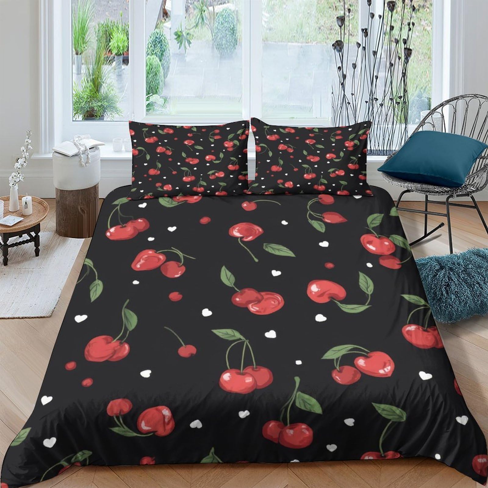 Ctjqhvkz Style-7 3D Printed Cherry Blossom Fitted Sheet Microfiber Black Red Fruit Pattern Mattress Cover Bedroom Decor Single（135X200cm）