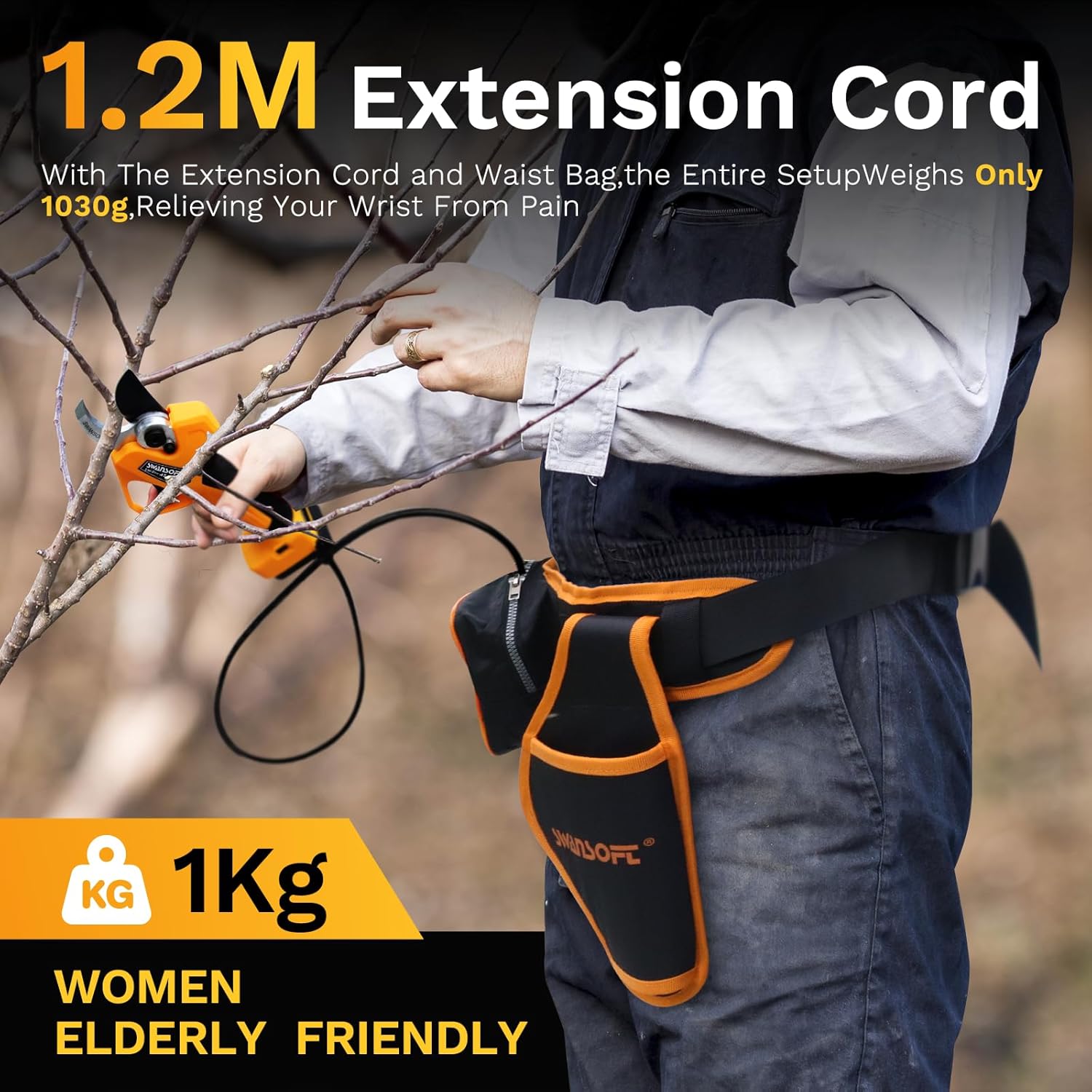 SWANSOFT Electric Pruning Shears, 45mm 1.77'' Cutting Diameter Cordless Electric Pruners Shears Battery Powered, 1150W Tree Branch Pruner with 2Pack 4Ah Rechargable Batteries(Yellow)