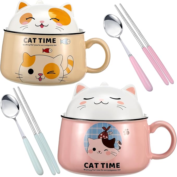 2 Sets Ramen Bowls with Chopsticks and Spoons Cute Ceramic