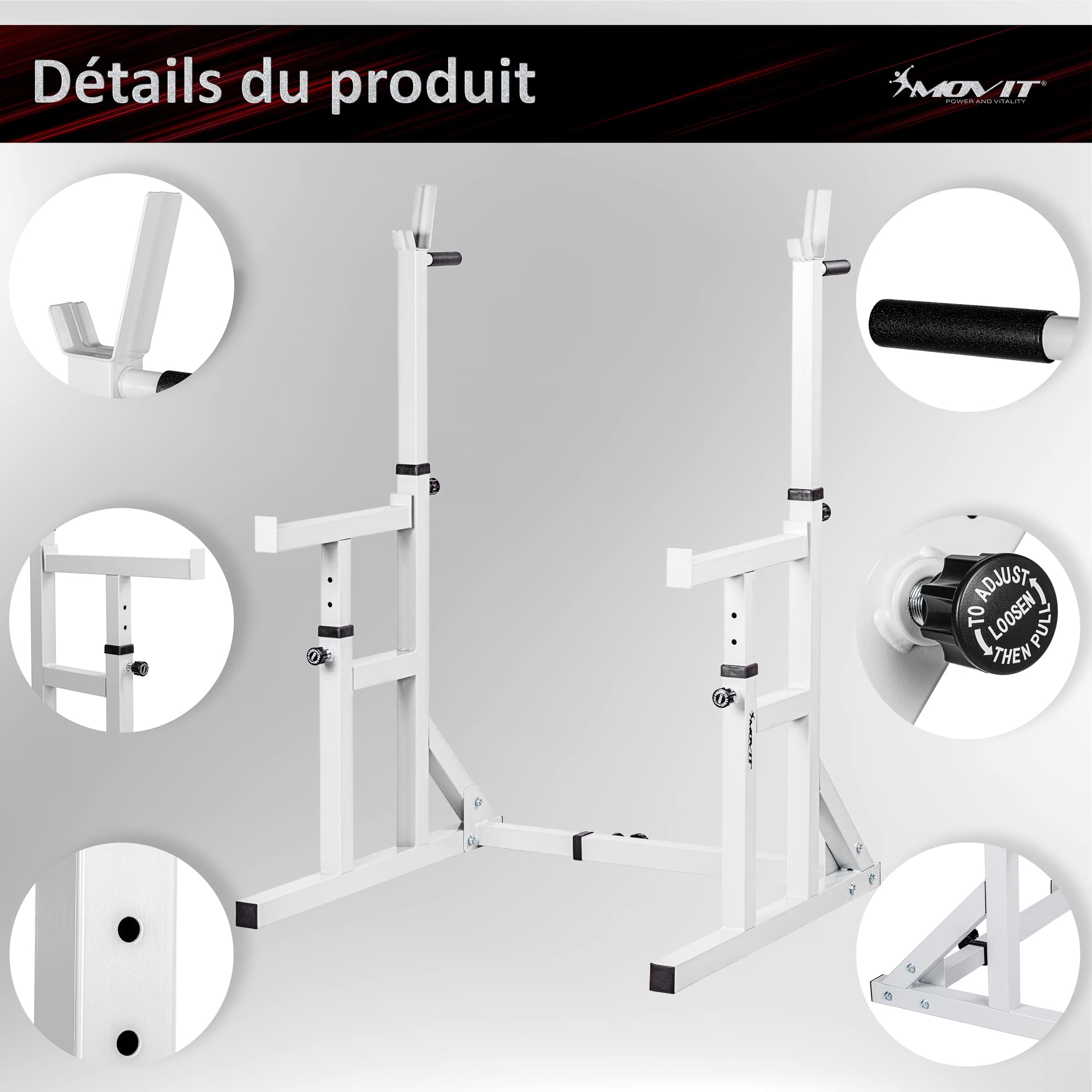 MOVIT Squat Rack Pro avec Station Dip, Hauteur et Largeur réglables, Support pour haltères Support pour haltères Appareil d'entraînement à Domicile Home-Gym, Blanc ou Noir