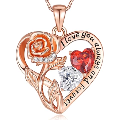 925 Sterling Silver Double Birthstone Rose Flower Heart Jewelry Necklaces for Women Anniversary Love Forever Necklaces for Her Birthday Gifts for Wife Girlfriend Mom Mothers Day Rose Gold