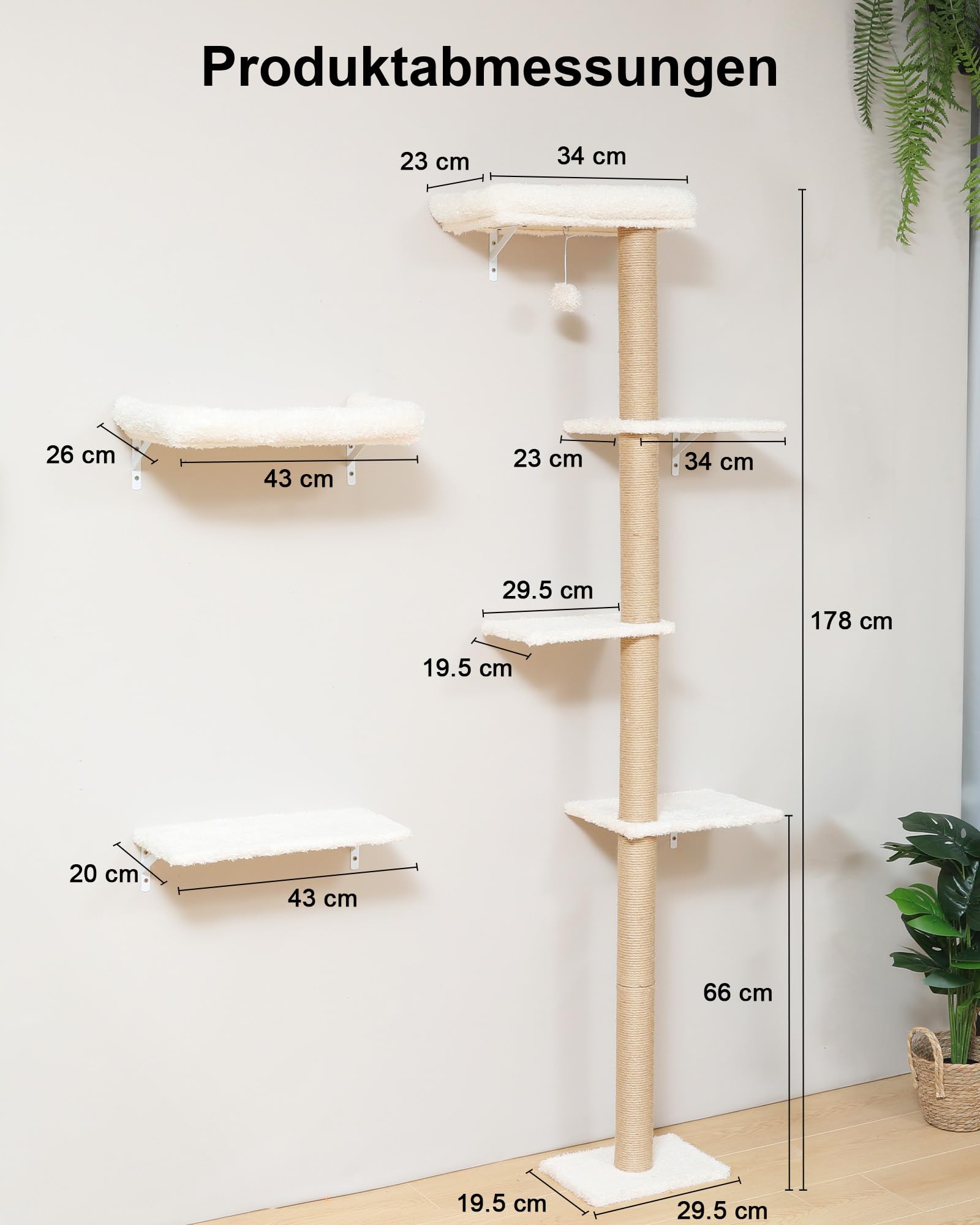 FUKUMARU Kletterwand Katzen-Set, 178 cm hoch, stabiles 3-in-1 Kratzbaum-Set aus mehrschichtigem Massivholz, Holzkatzenmöbel mit Kratzbaum-Wand und 2 Wandregalen, platzsparende Kletterwand, Beige